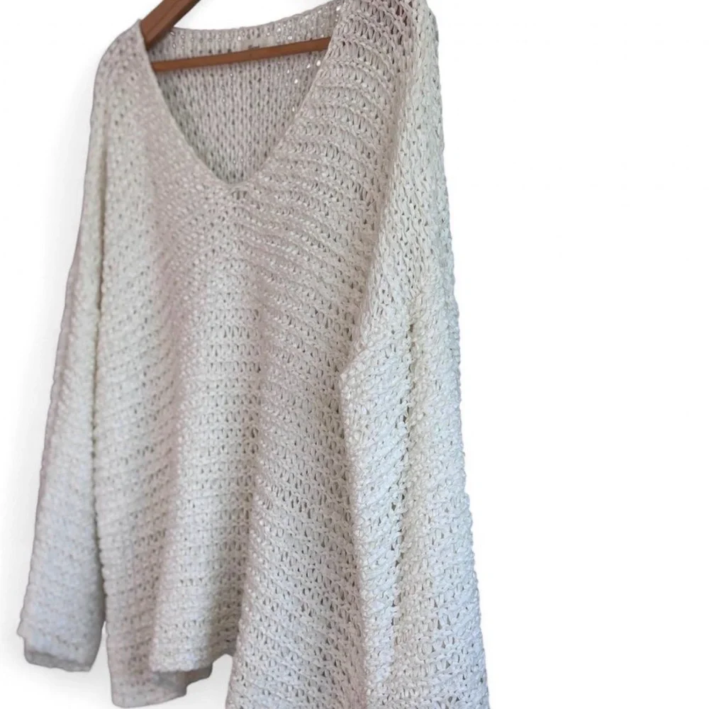Relaxed Cream Open-Knit V-Neck Boho Sweater OS - Picture 2 of 7